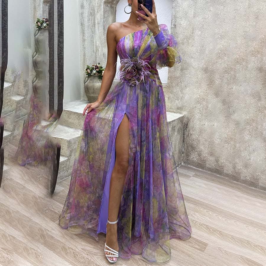 Women's New Party Mesh Oblique Shoulder Dress INS Casual Fashion Dress For Women(Flowers Are Movable)omen