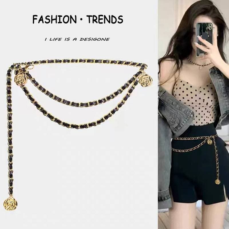 Women's Fashion Waist Chain Accessory Gold Leather Belt Thin Trouser Chain Versatile Dress Chain Belt