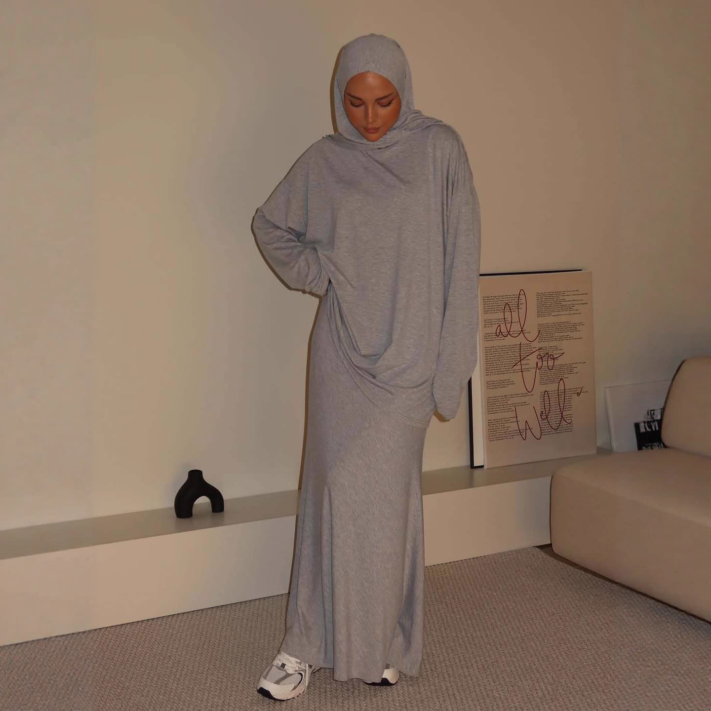 Modest Abaya Dress Elegant Modest Dress Set – Round Neck Hijab Tunic & Pencil Skirt With Stretch Polyester For Sophisticated Women