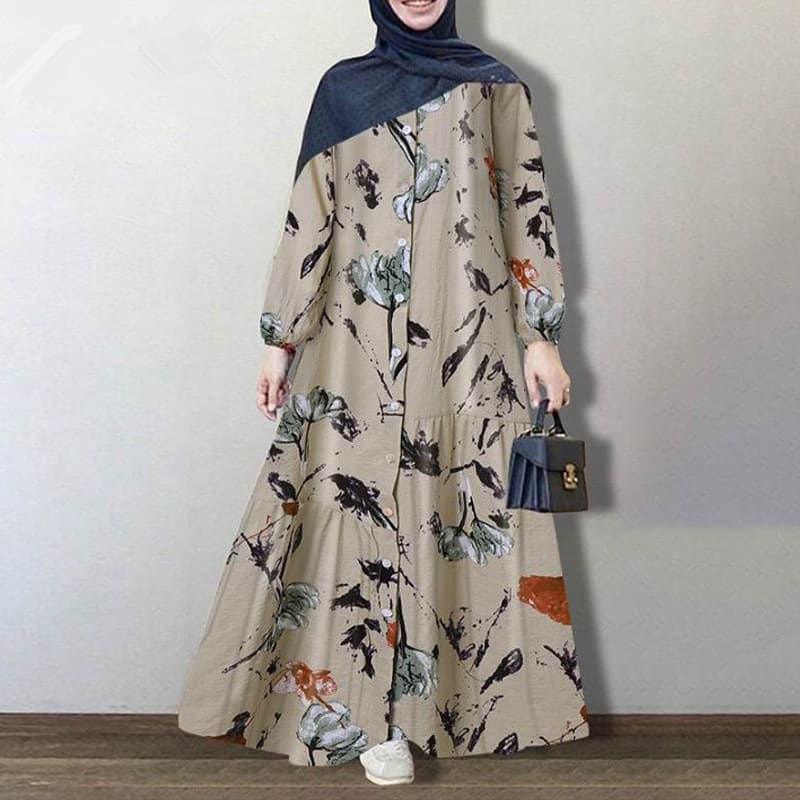 Women's printed round neck button puff long sleeves elastic cuffs fashionable loose casual dress