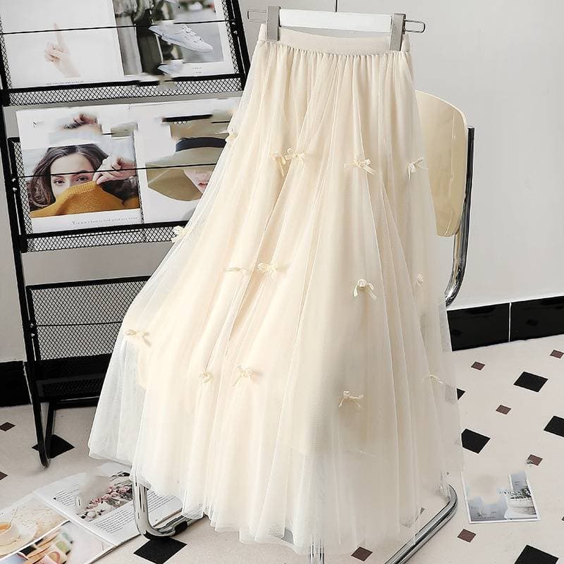 Women's Clothing style high end bow mesh skirt women's medium length fairy swing spring and autumn a line skirt