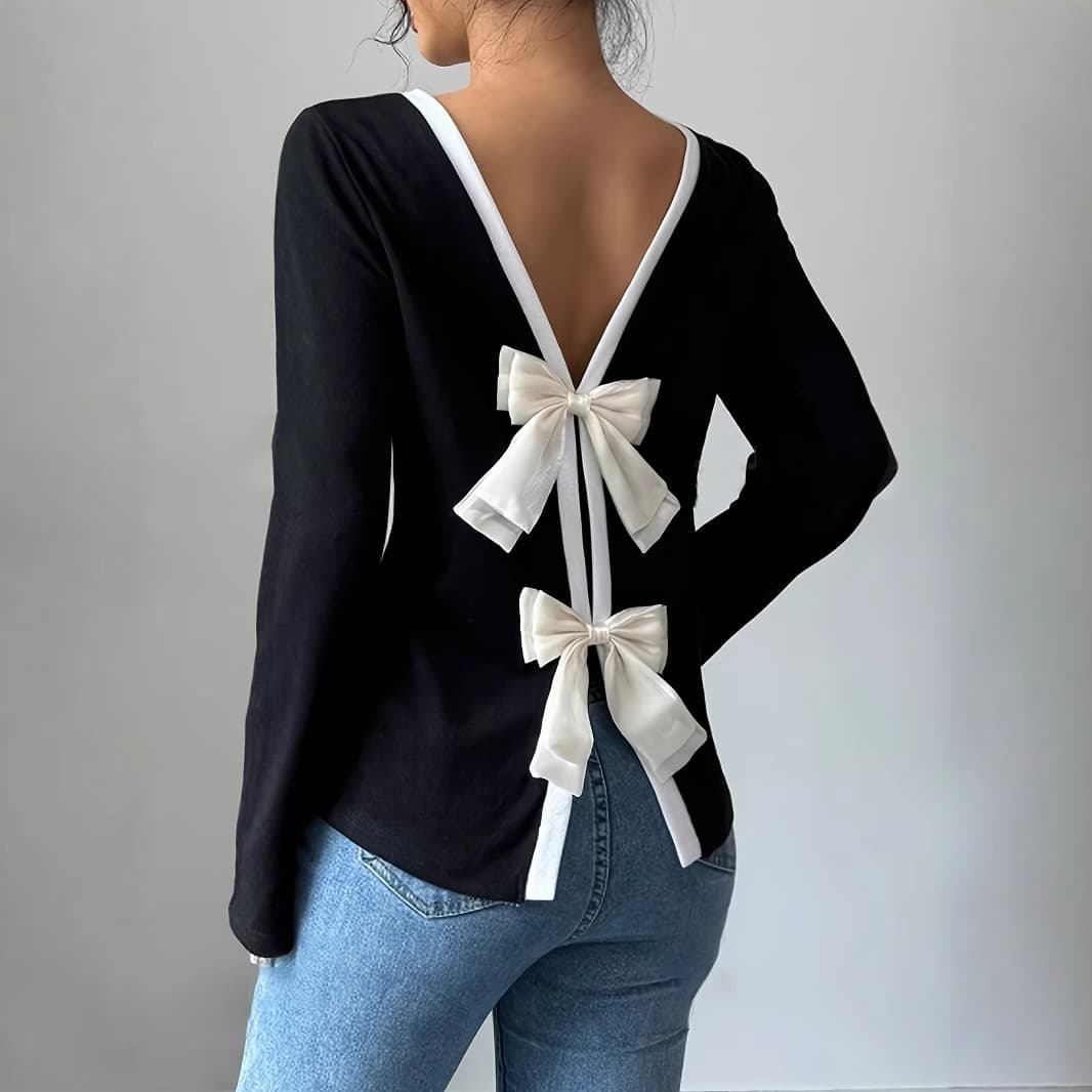 European And American Cross Border Slim Long Sleeved T Shirt Women's Bow Bottoming Shirt Top