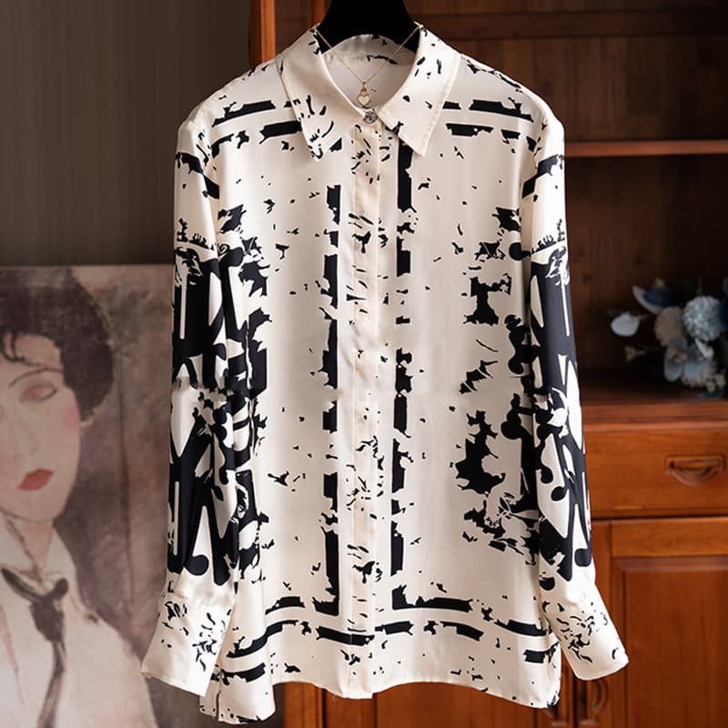 Women's Clothing Silk Commuting Letter Color Matching Long Sleeved Mulberry Silk Shirt