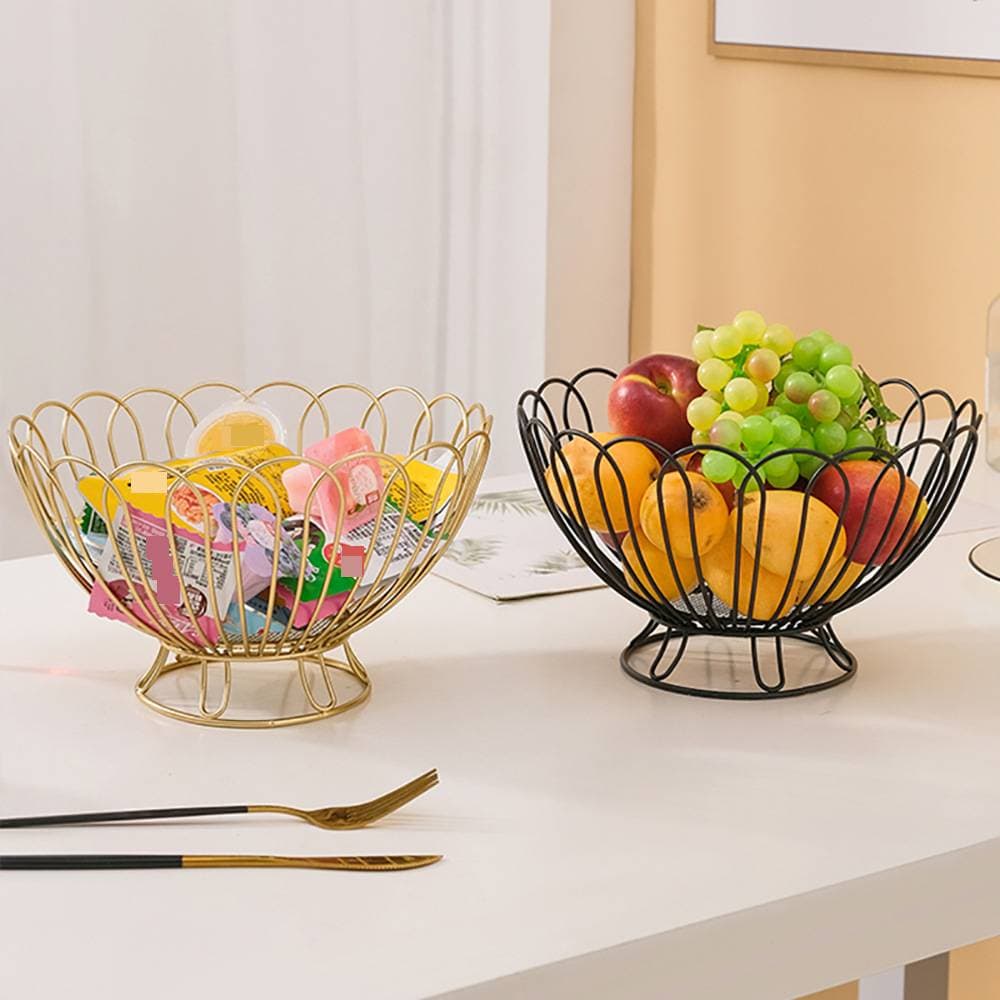 European-Style Luxury Metal Fruit Bowl – Elegant High-Foot Serving Tray For Home Decor, Fruits & Snacks (Gold/Black, Floral Design)