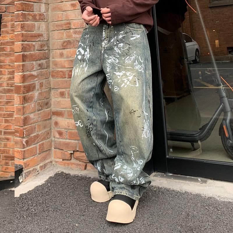Men's Graffiti Washed Denim Pants - Streetwear High Waist Loose Fit Vintage Straight Leg Jeans With Artistic Paint Splatter Design
