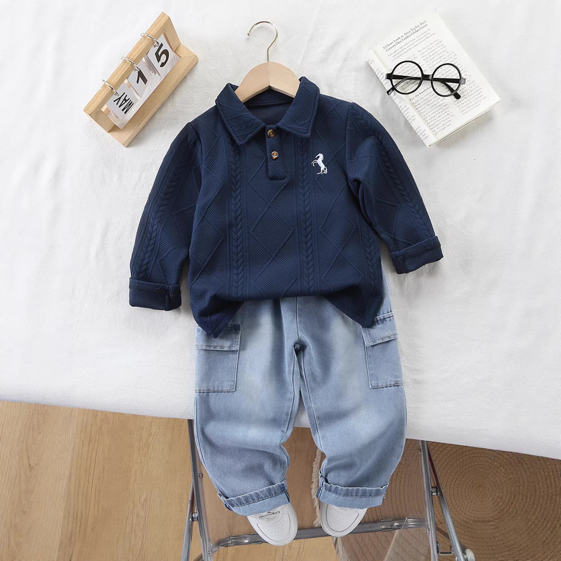 Mother & Kids Children's Shirt Set For Boys Spring Autumn Long Sleeved Loose Jeans Two Piece Outfit Style For Formal & Casual