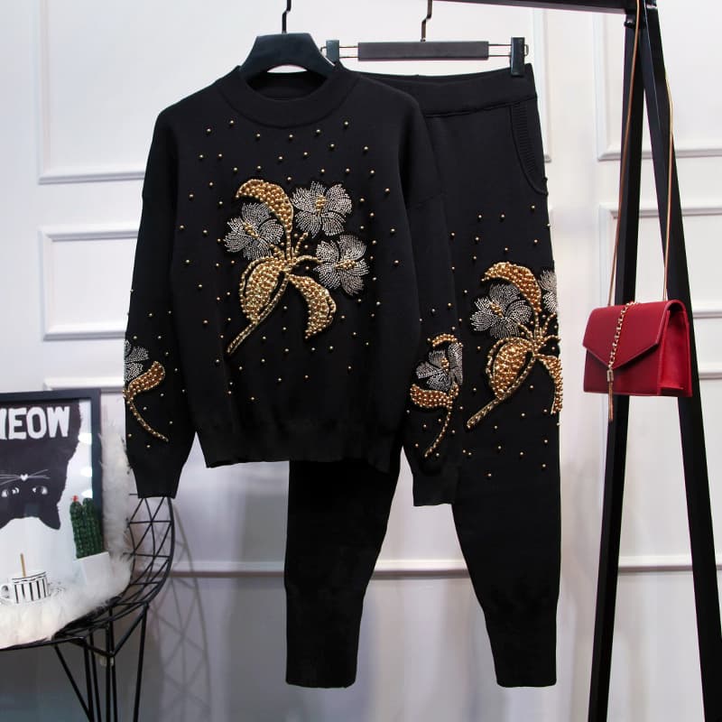 Women's Clothing Heavy Industry Sweater Pants Fashion Two-piece Set
