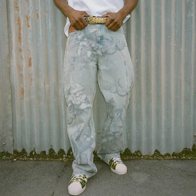 Men's Clothing Men's High Waist Retro Loose Fit Jeans Cupid Angel Print Street Style Trousers Fashion For Formal & Casual