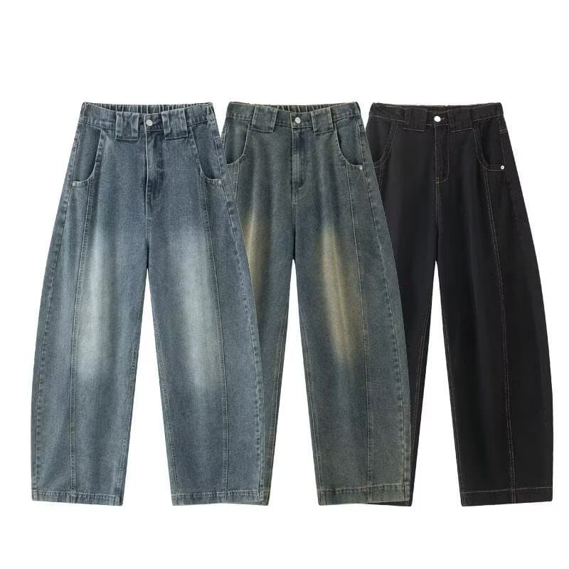Vintage Blue Denim Jeans For Men - Classic Straight Leg Comfort Fit High Street Fashion Jeans With Button Fly
