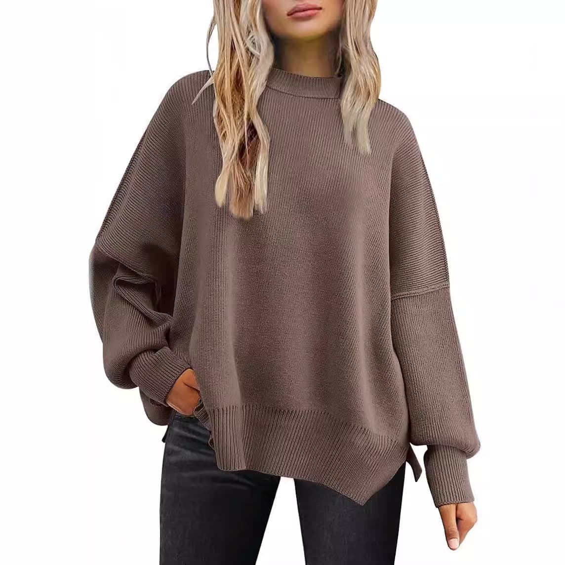 Cozy Batwing Sleeve Knit Sweater For Women - Soft Acrylic Fabric, Loose Fit, Side Slit Design, Round Neck, Long Sleeve, Christmas & Fall Fashion
