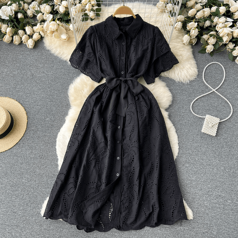 Women's Clothing Skirt Gentle Style Lapel Puff Sleeve Mid Length Shirt Dress Lace Up Slimming Hollow Design Dress
