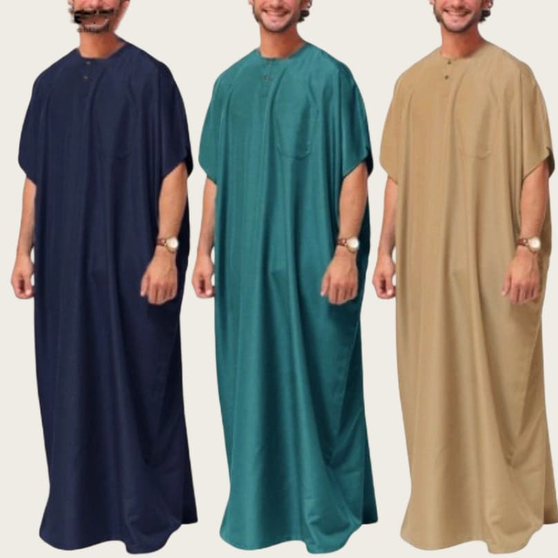 Breathable Cotton Islamic Thobe For Men – Short Sleeve Modest Prayer Shirt With Embroidered Logo