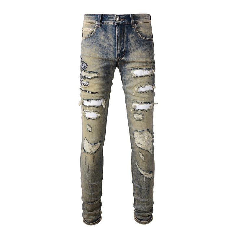 Men's Clothing high street embroidered men's jeans, ripped jeans, nostalgic retro scraped denim pants #6611