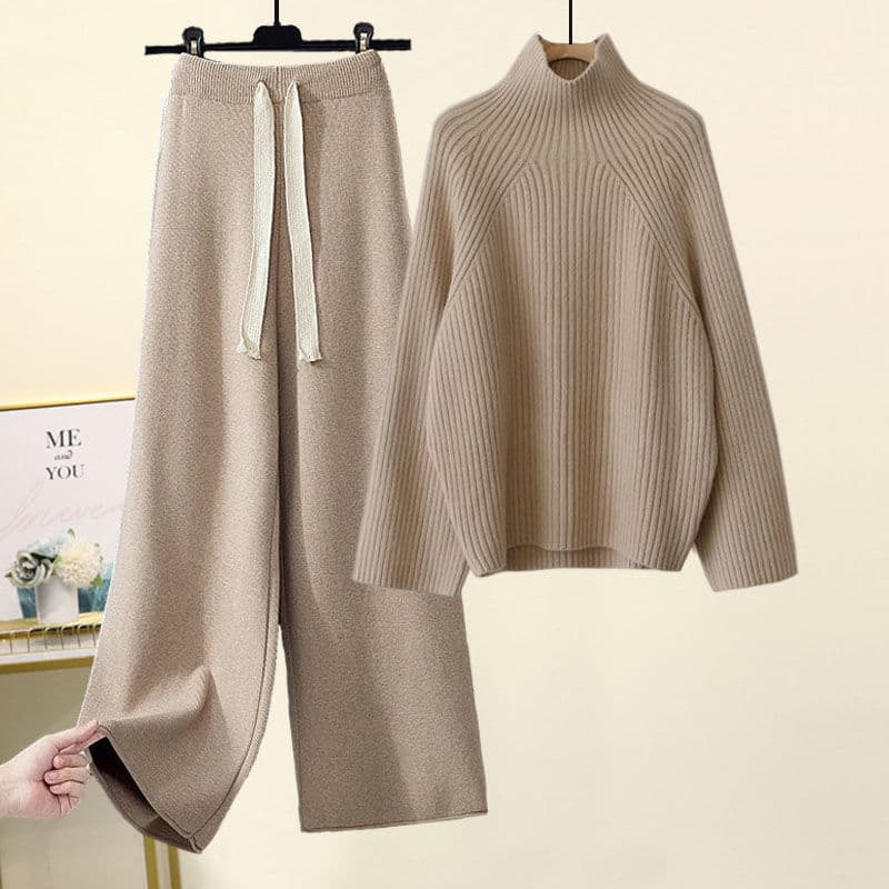 Women's Clothing Large Size Women's Autumn Suit New Style Age Reducing High Collar Knitted Sweater Loose Slim Wide Leg Pants Two Piece Suit
