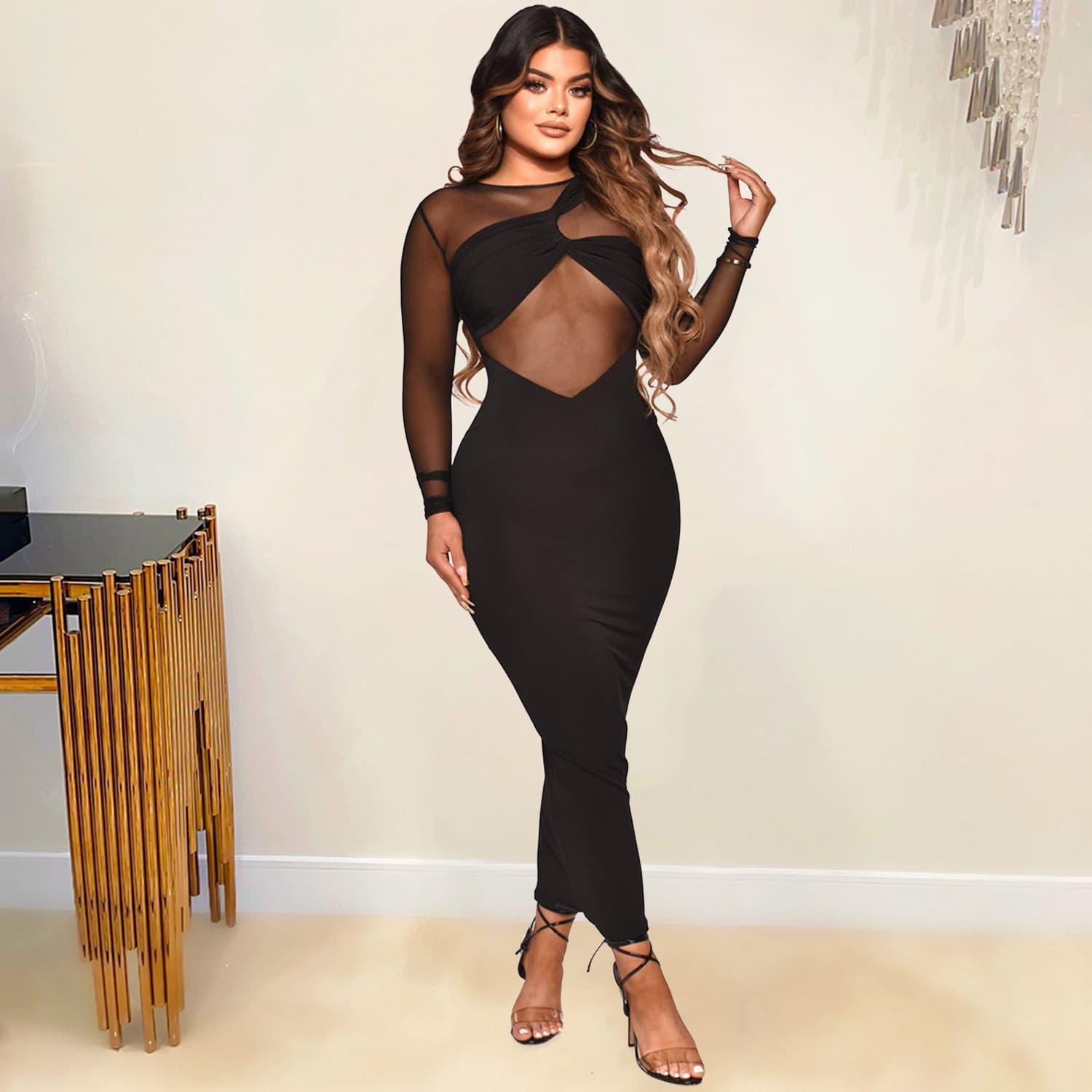 Women's sexy tight gauze see-through solid color long-sleeved dress