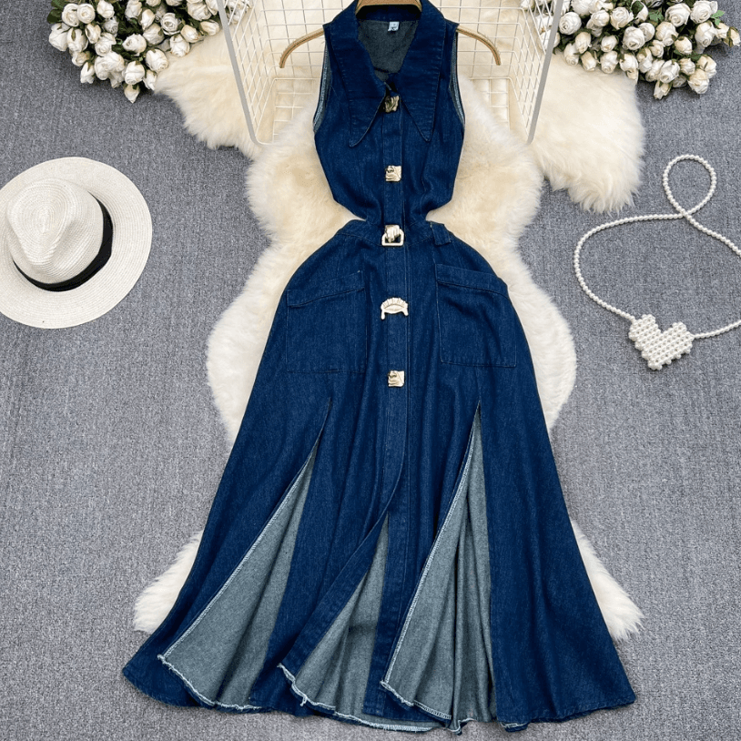 Women's Retro lapel hollow waist exposed waist slimming sleeveless single-breasted A-line slit denim dress casual long skirt