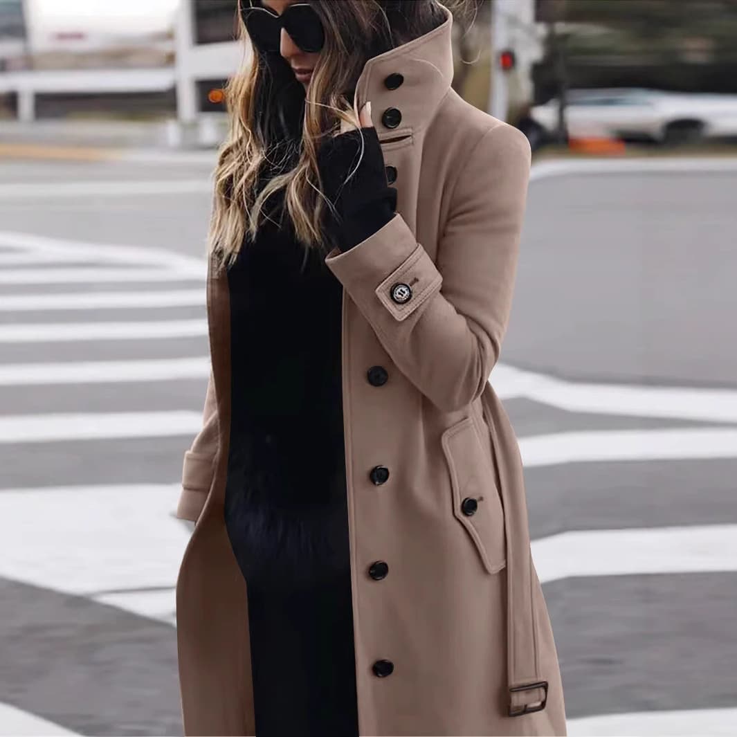 Women's Slim Fit Wool Blend Trench Coat Long Overcoat With Pockets For Office & Casual Wear