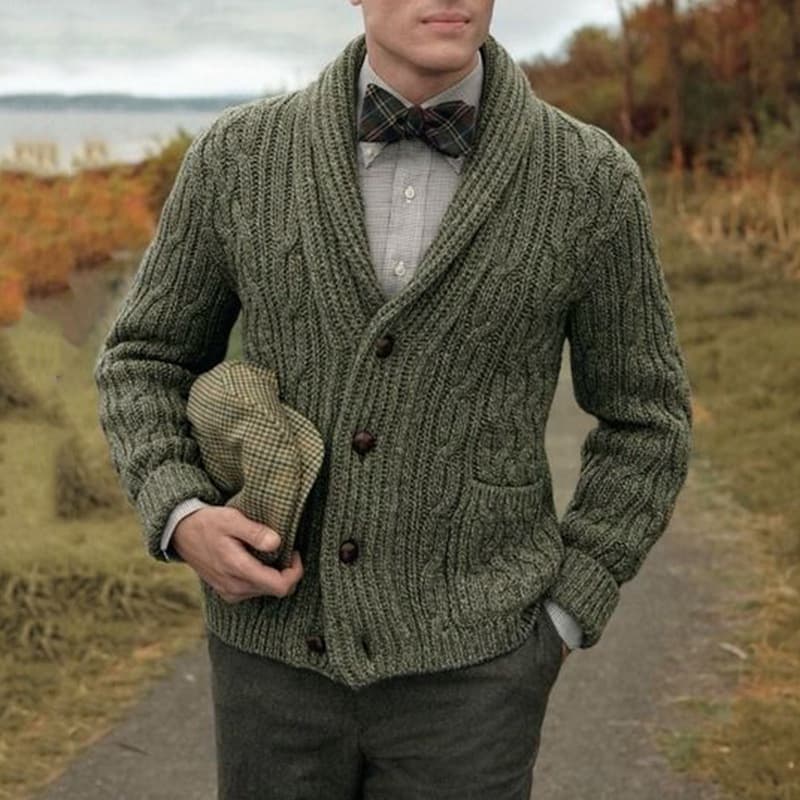 Men's Winter Knit Cardigan With Notch Lapel, Long Sleeve Single Button Cable Design – Slim Fit, Stretchable Breathable, Casual Business Wear 
