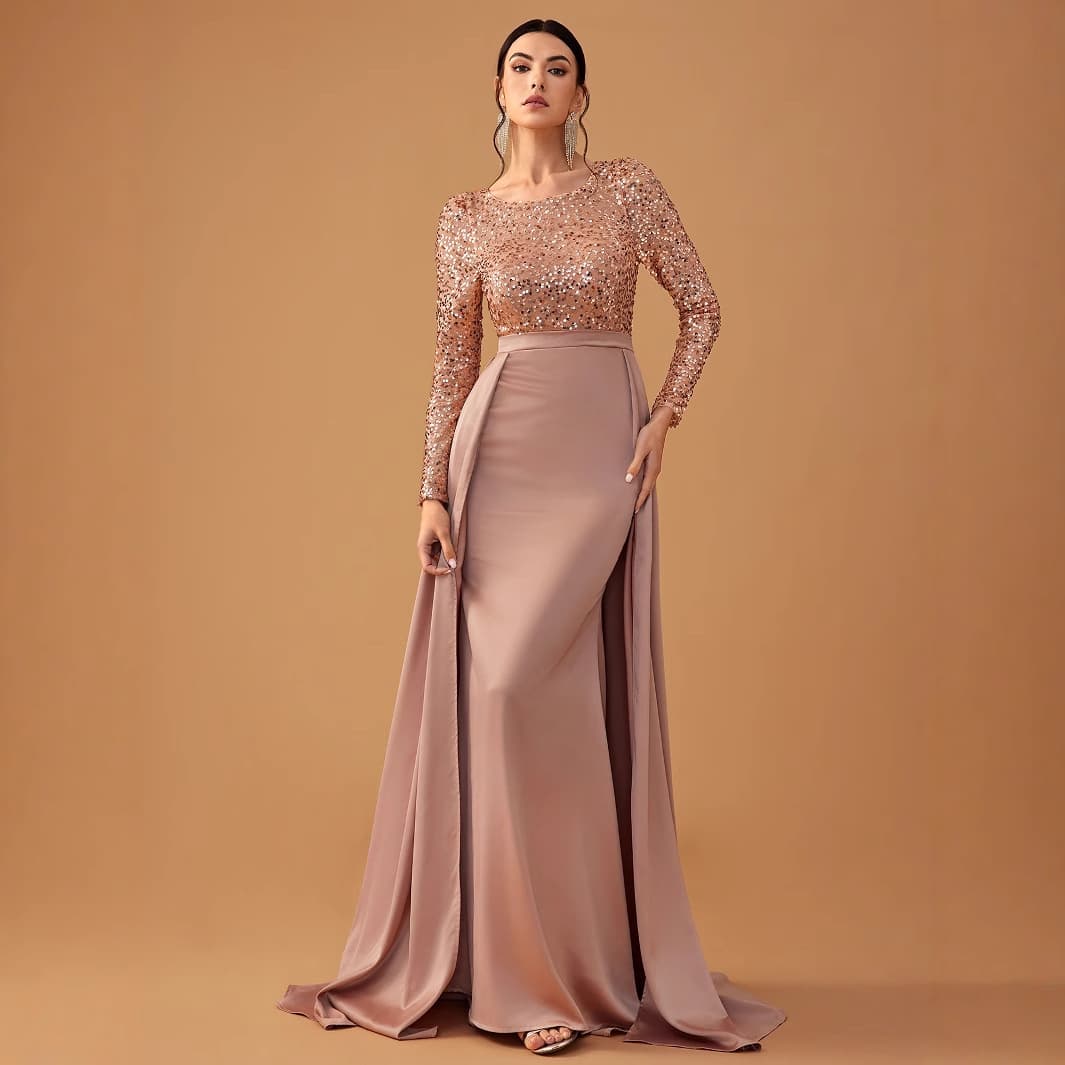 Elegant Sequin Long Sleeve Evening Dress For Women - U-Neck Formal Gown In Black, Navy, Champagne & Wine Red
