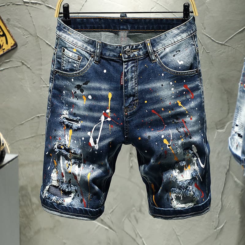 Men's Denim Shorts Painted And Tattered Patchwork Slim Fit Elastic D2 Jeans Trendy Men's High Street Beggar Pants TC055