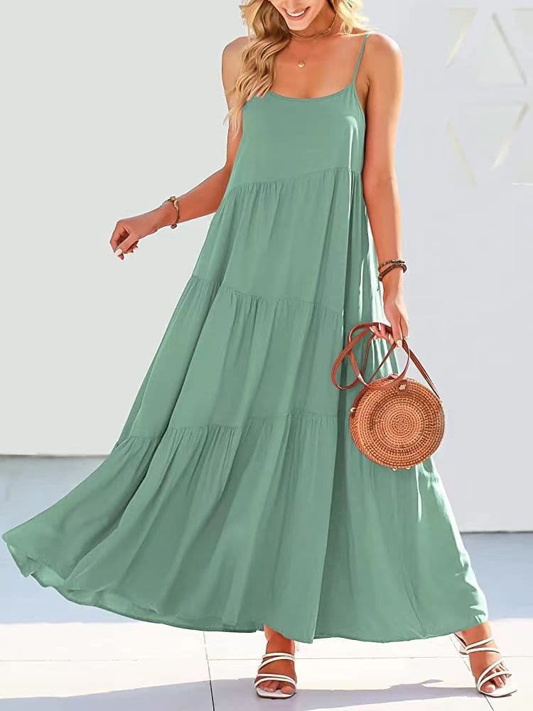 Women's Clothing Loose Casual Pleated Irregular Dress Beach Suspender Long Skirt
