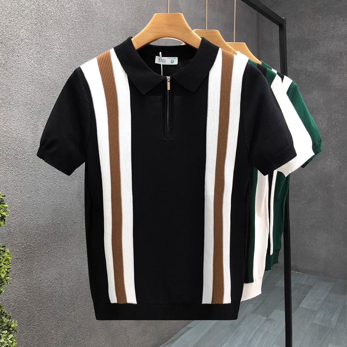 Men's Clothing Summer Color Matching Half Zip Polo Shirt Thin Top Lapel Knitted Short Sleeved T Shirt
