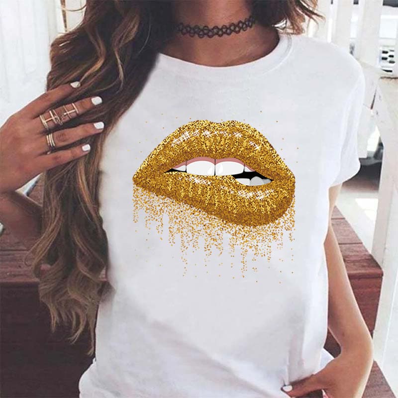 Women's Clothing 3D printed round neck top ladies mouth pattern short-sleeved t-shirt female