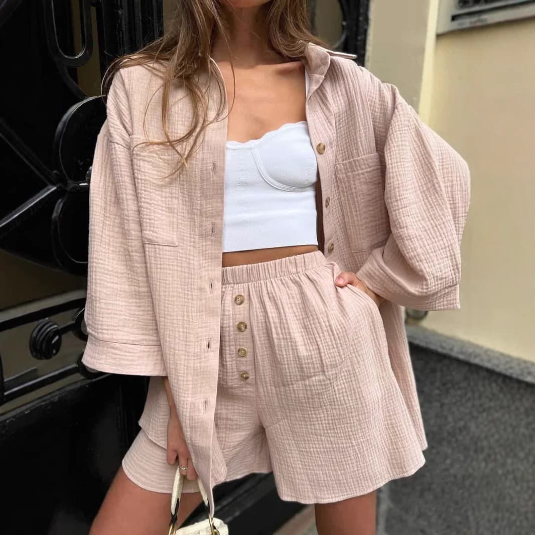 Women's Clothing Casual Temperament New Women's Clothing Solid Color Cardigan Button Down Top Fashion Shorts Two Piece Set