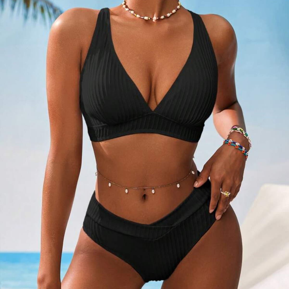 Women's Sexy Ribbed Deep V Solid Color Bikini Two Piece Swimsuit Trendy Beachwear for Ladies