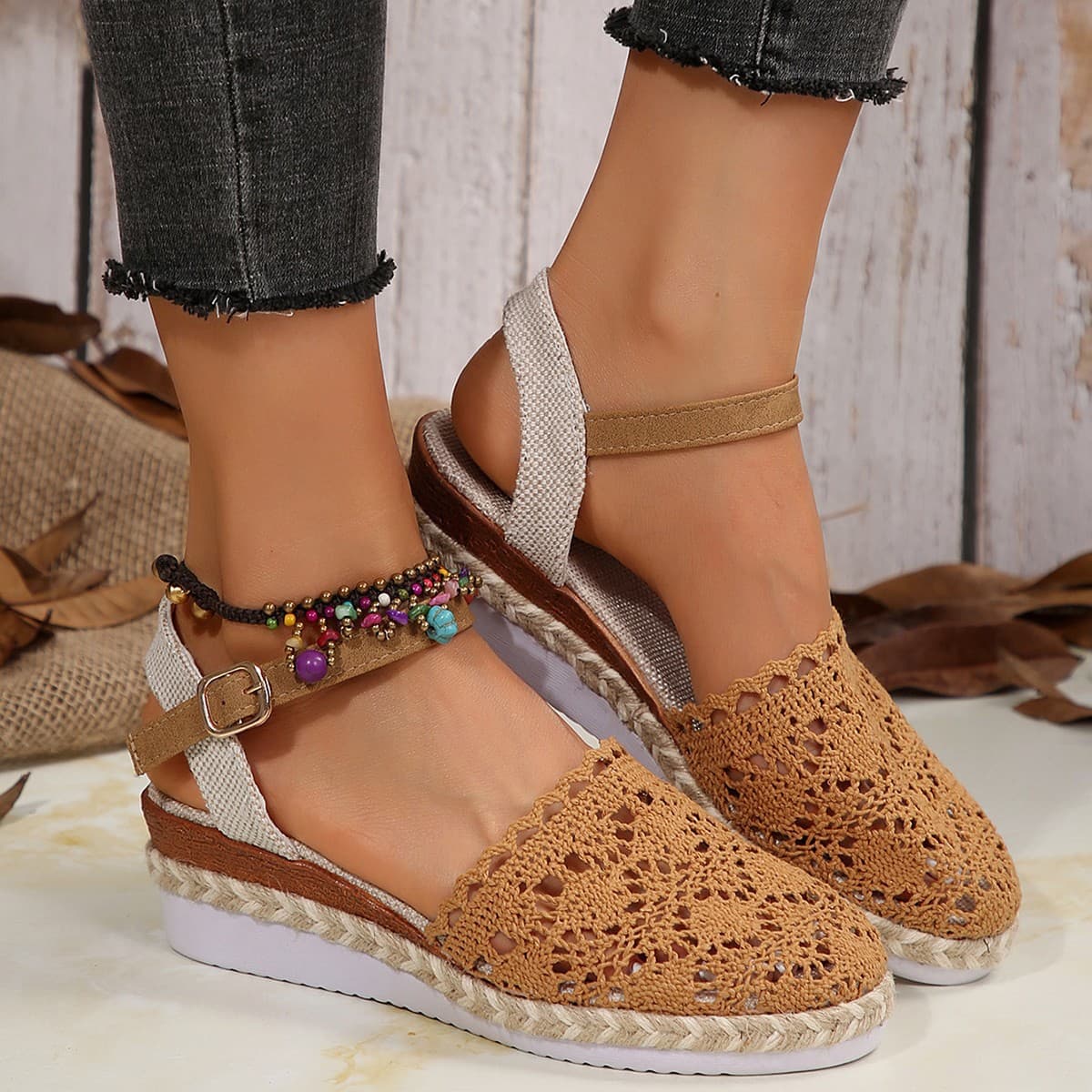 Women's Shoes Breathable Wedge Sandals For Women Hollow Thick Bottom Rope Sandals Large Size Baotou Sandals Summer