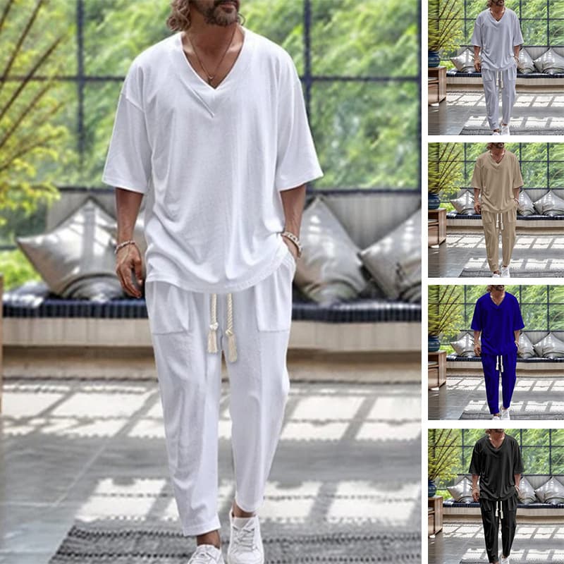 Men's Clothingautumn casual solid color V neck pullover short sleeved drawstring pocket design tapered trousers suit