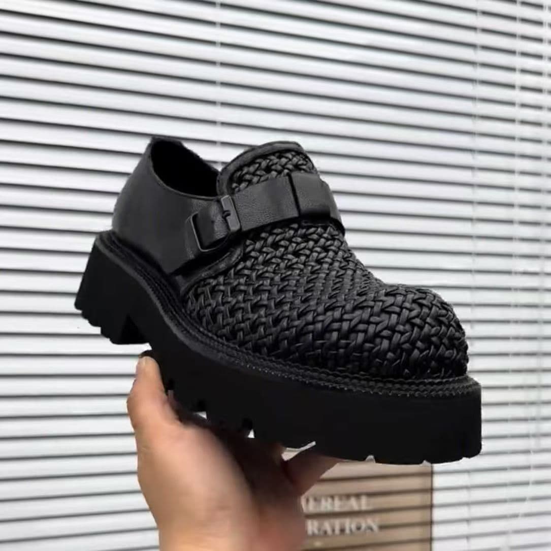High-End Commuter Thick-Soled Trendy Hand-Woven Slip-On Hollow Breathable Business Casual Height-Increasing Leather