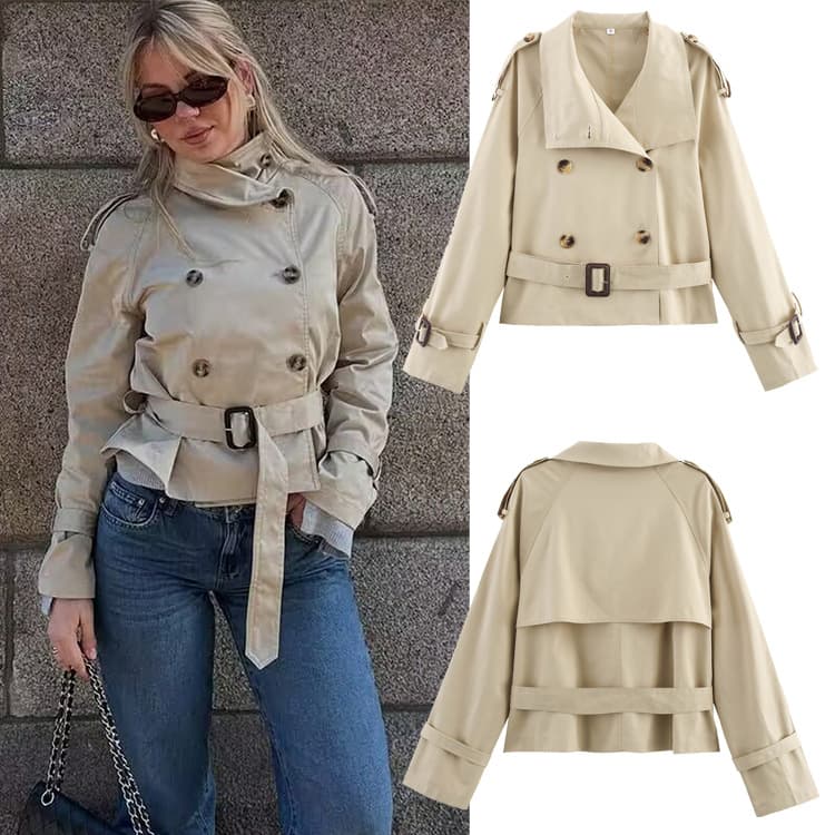 Women’s Belted Trench Jacket – Khaki Short Windbreaker (S-L)Women's Clothing