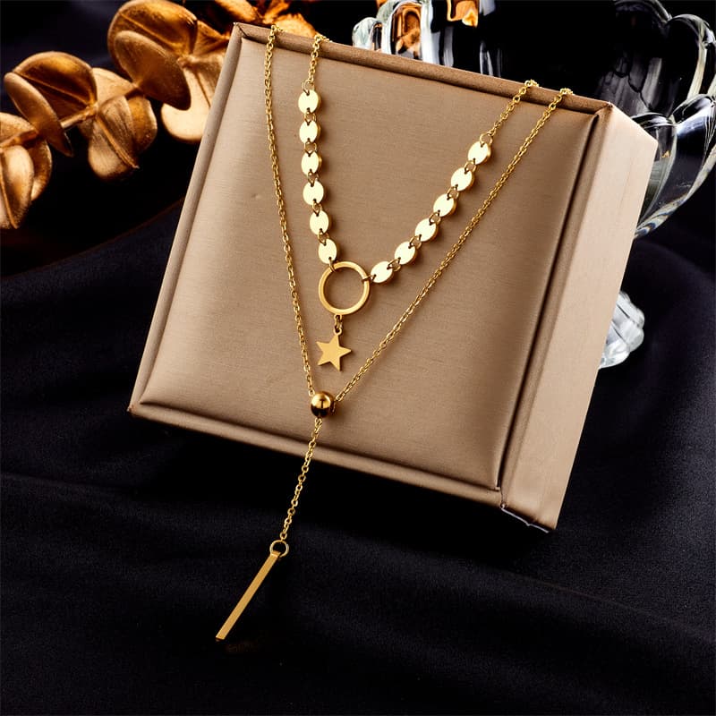 Double-layered light luxury cold style temperament high-grade tassel necklace titanium steel metal circle star pendant necklace
