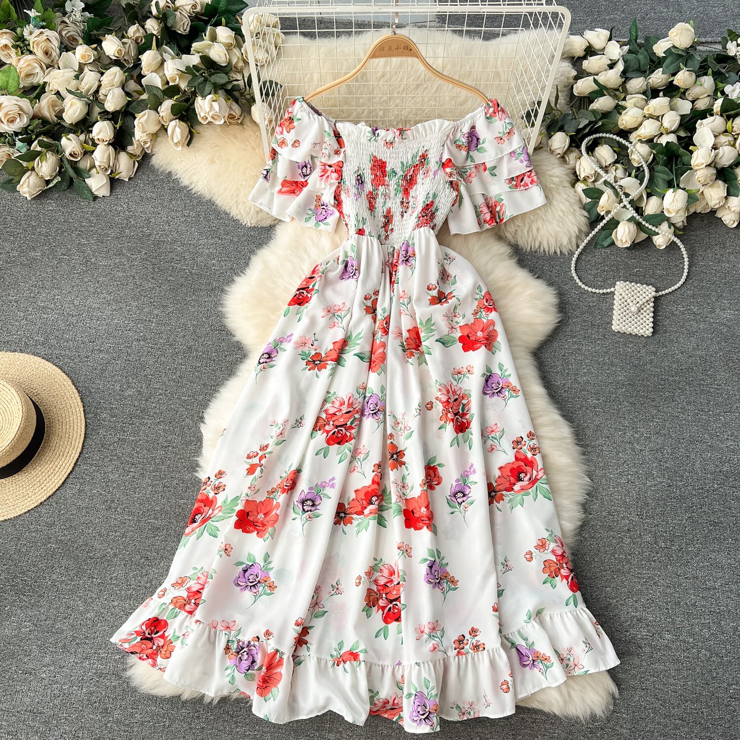 Women's holiday dress for women spring new style one-line collar off-shoulder short-sleeved waist long floral platycodon skirt