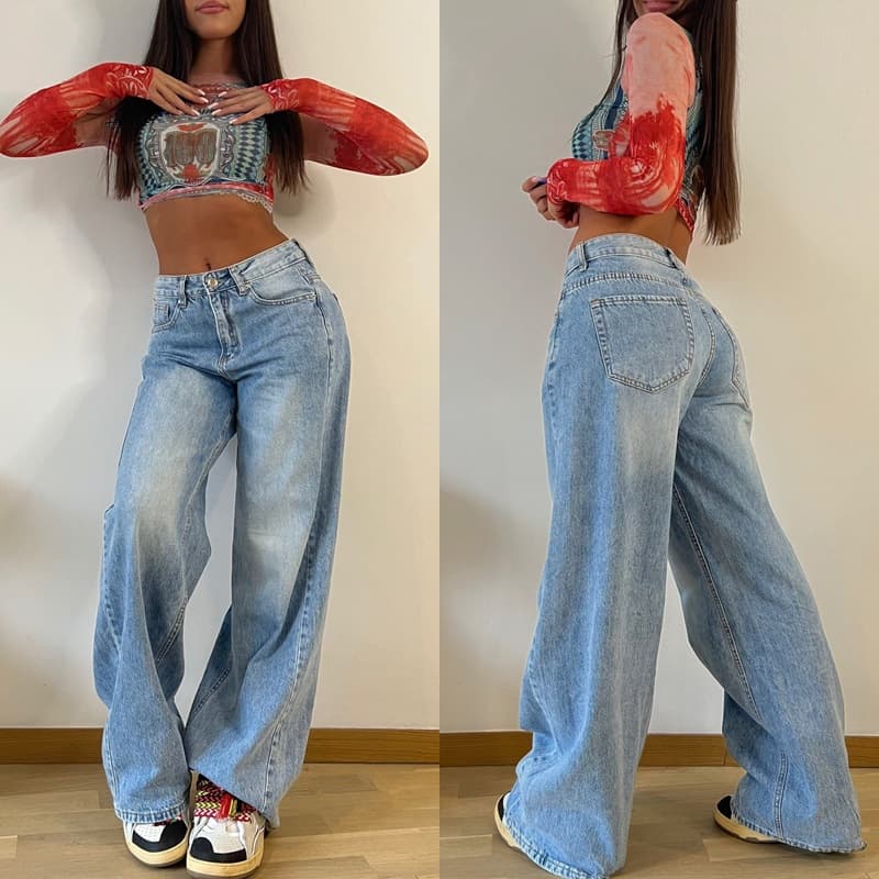 Women's Clothing new retro long wide leg pants hot girl loose jeans women's high waist straight pants