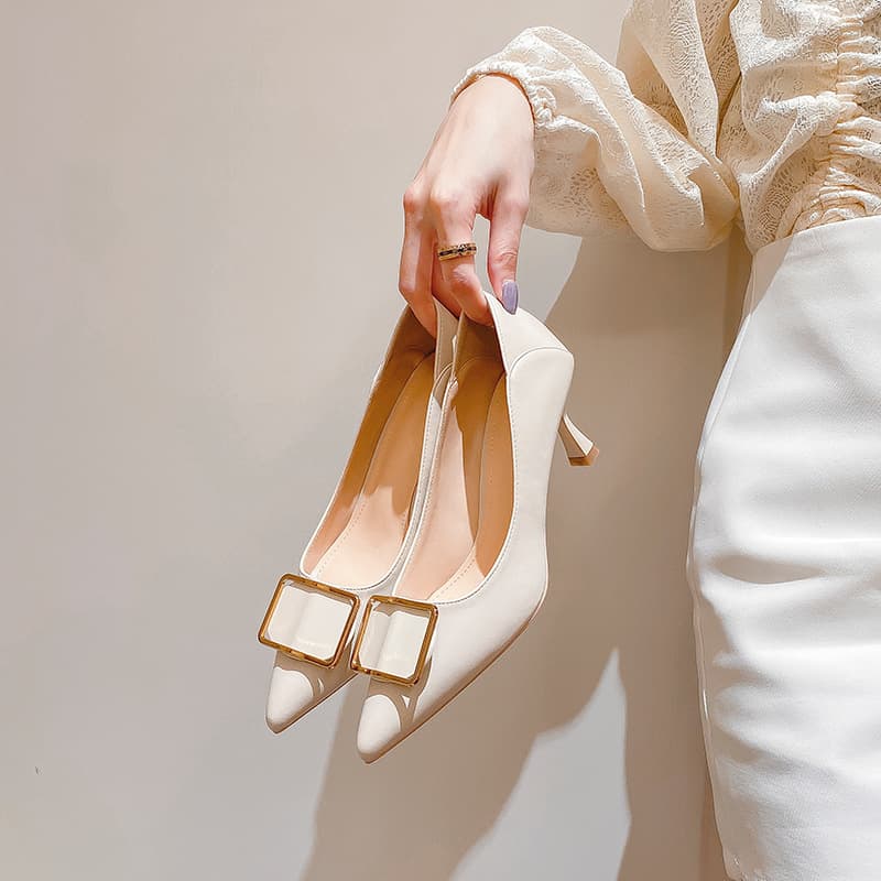 Women's Shoes Square Buckle Soft Leather High Heels Women's Stiletto Pointed French Style Medium Heel Ladies Single Shoes Huizhou Women's Shoes