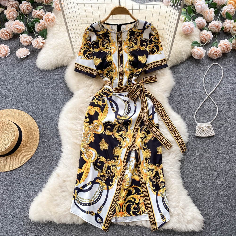 Women’s Clothing Summer Fashion Palace Style Printed Round Neck Long Sleeve Tie Waist Slimming High End Temperament Hip Cover Dress