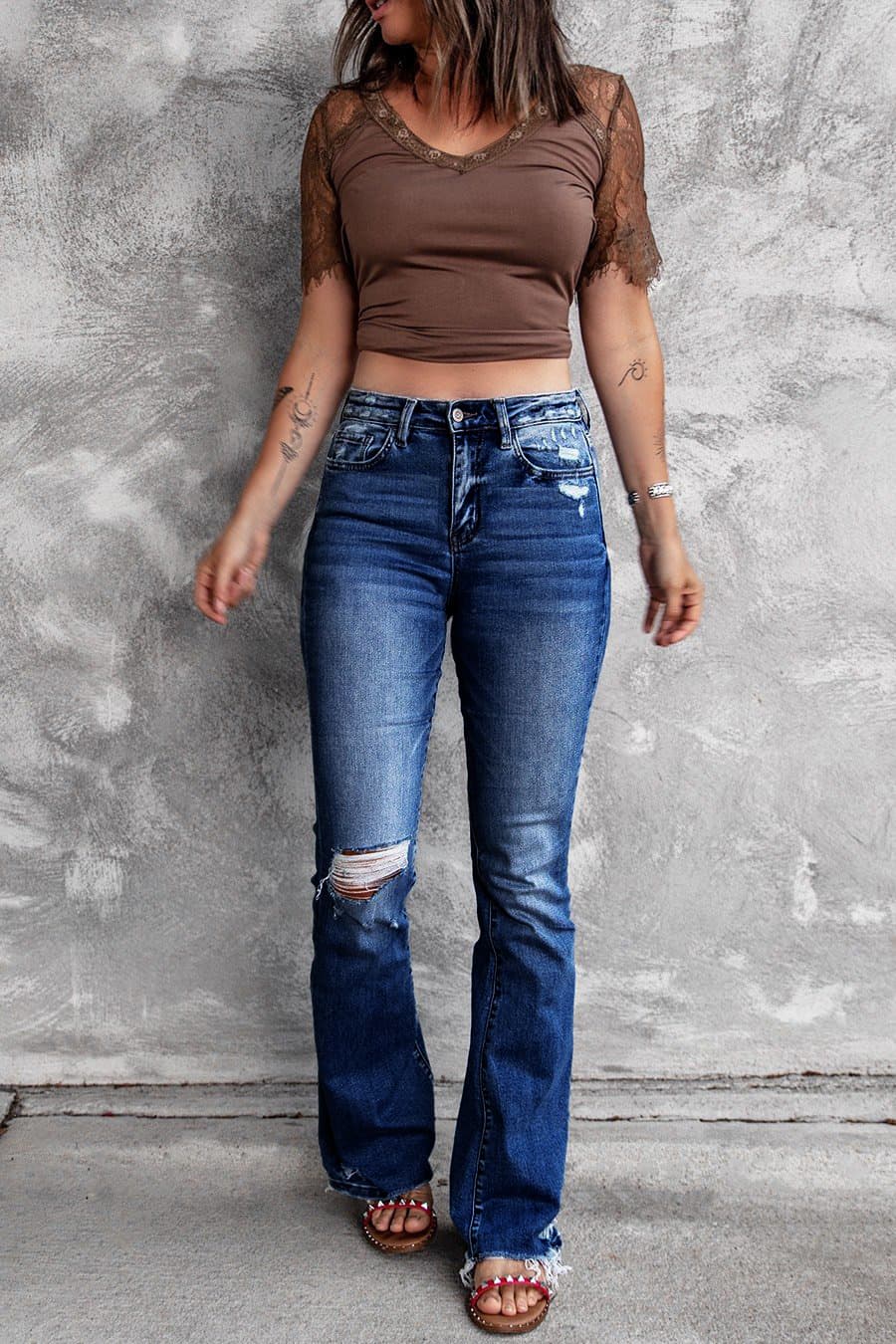 Women's Clothing Ripped High Waisted Retro Elastic Slim Fit Micro Bell Bottom Bootcut Jeans