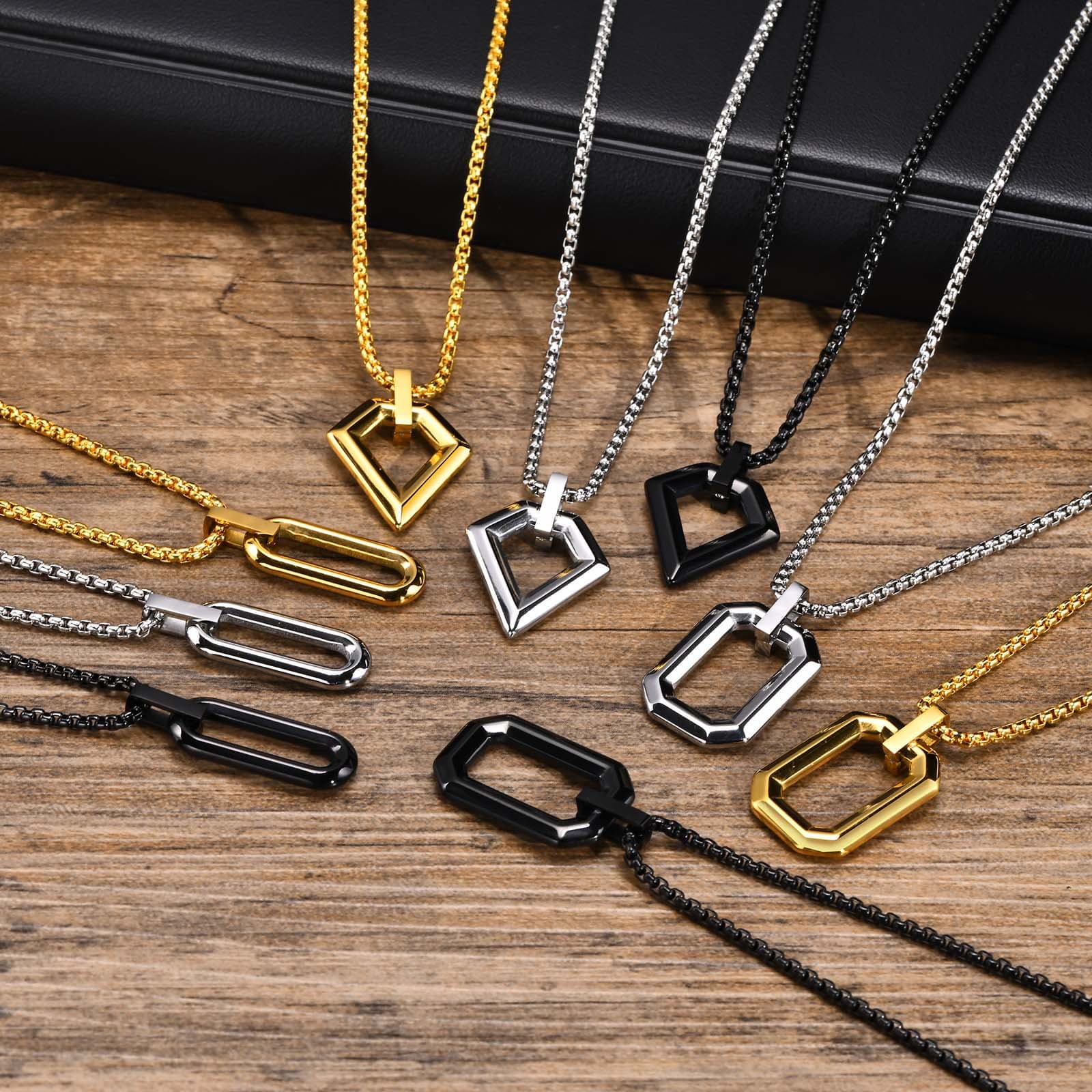 Men's Jewelry Stainless Steel Geometric Oval Rectangular Diamond Pendant Simple Hip Hop Necklace Jewelry
