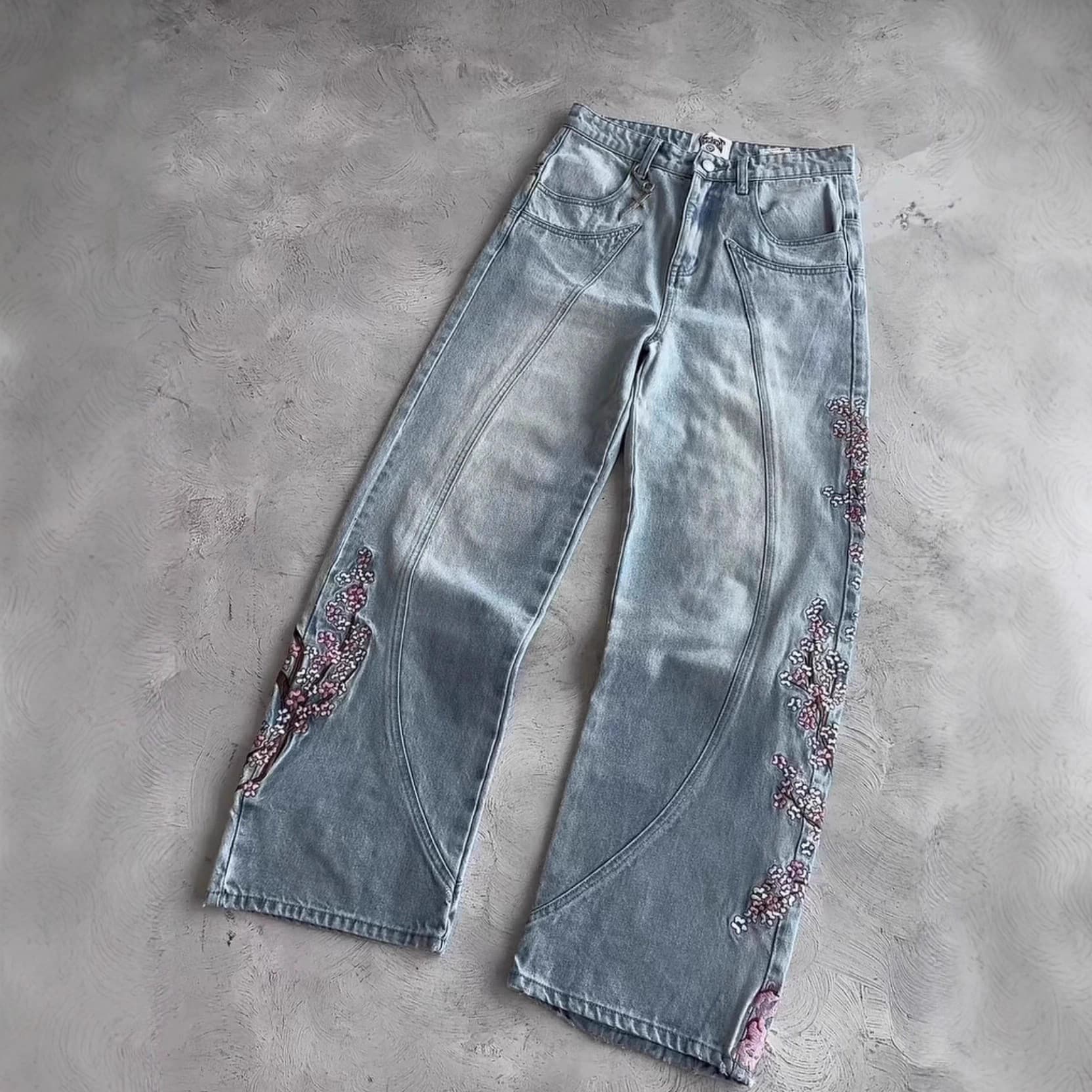 Men's Y2K Heavy Duty Floral Embroidered Jeans Street Style Midweight Straight Leg Mid Waist Black Blue
