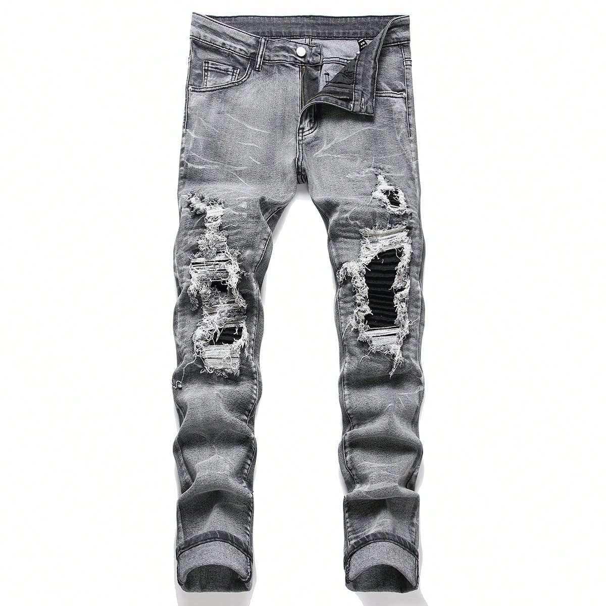 Men's Stretch Denim Jeans, Streetwear, Tearing Patchwork Holes, Torn Denim, Elastic Waist, Leisure Pants, Narrow Fit, Straight Pants