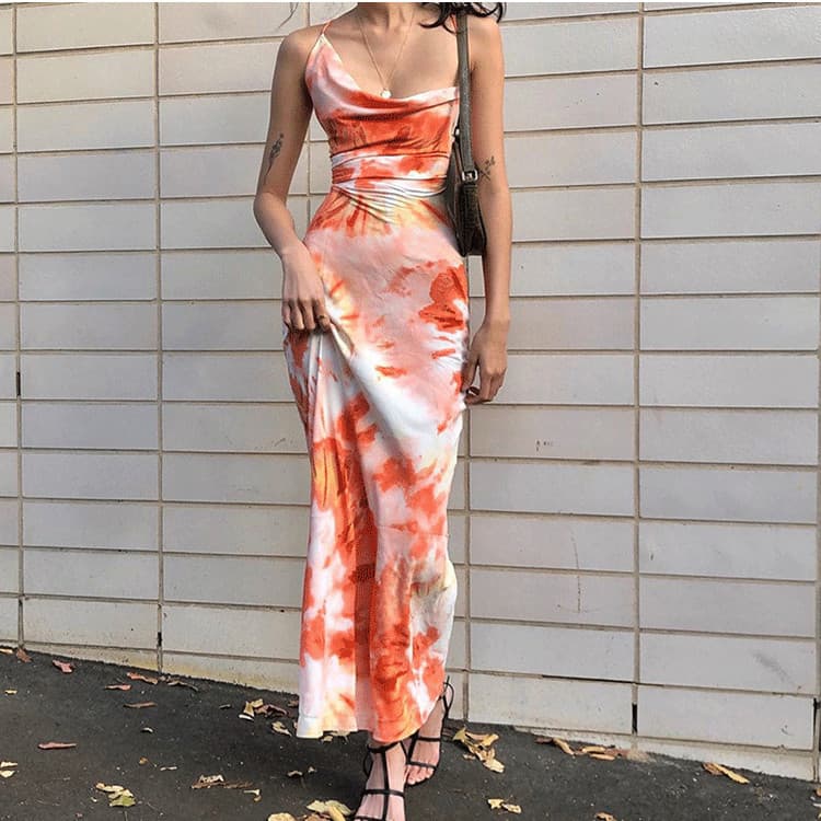 Women's Clothing Summer Hit Tie Dye Print Sexy Back Strap Mid Length Suspender Dress