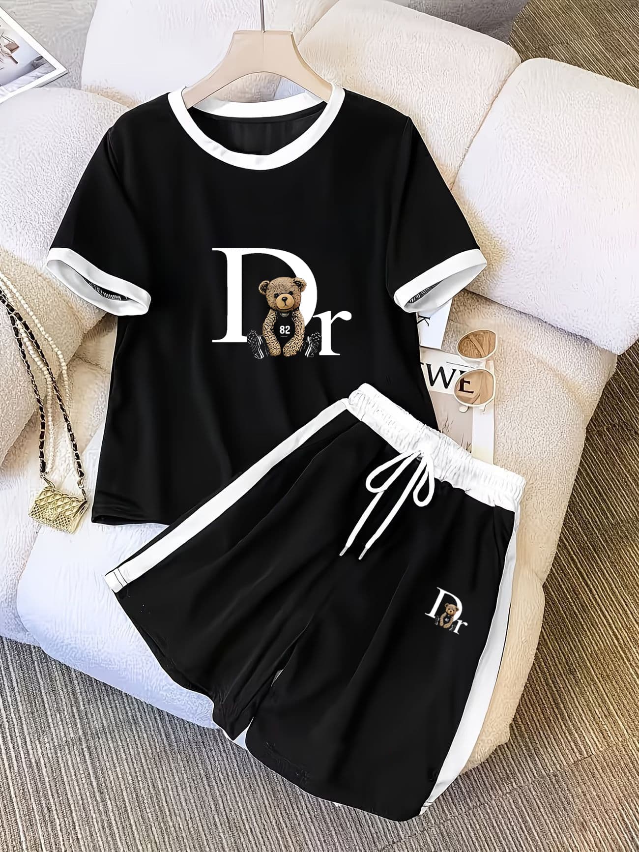 Women's Printed Short-Sleeve Tee & Shorts Set - Korean-Inspired Slim Fit Outfit For Summer