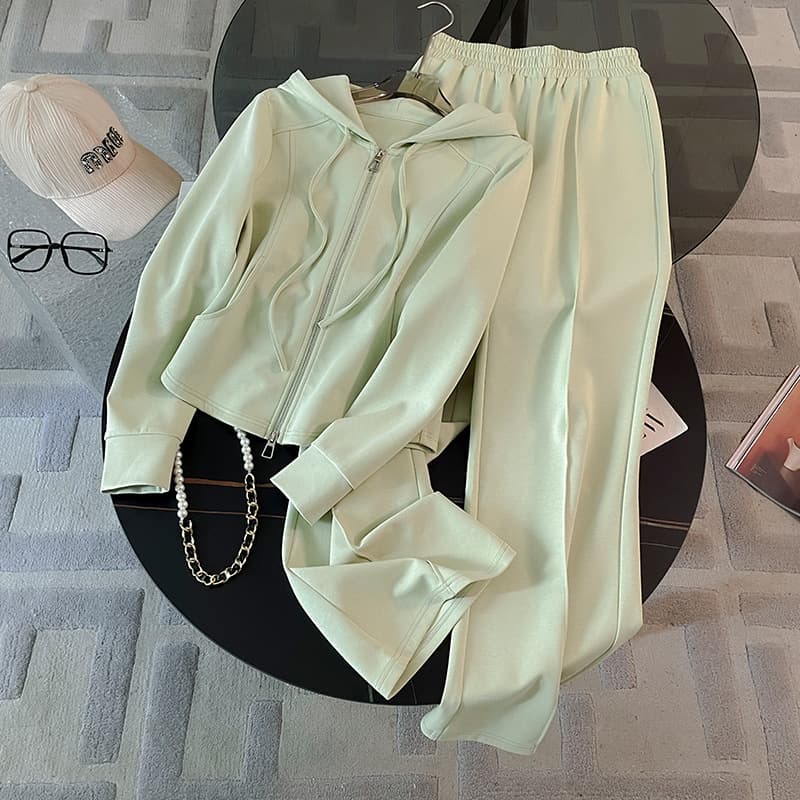 Women's Clothing Autumn New Style Stylish Age Reducing Hooded Cardigan Top Wide Leg Pants Two Piece Suit