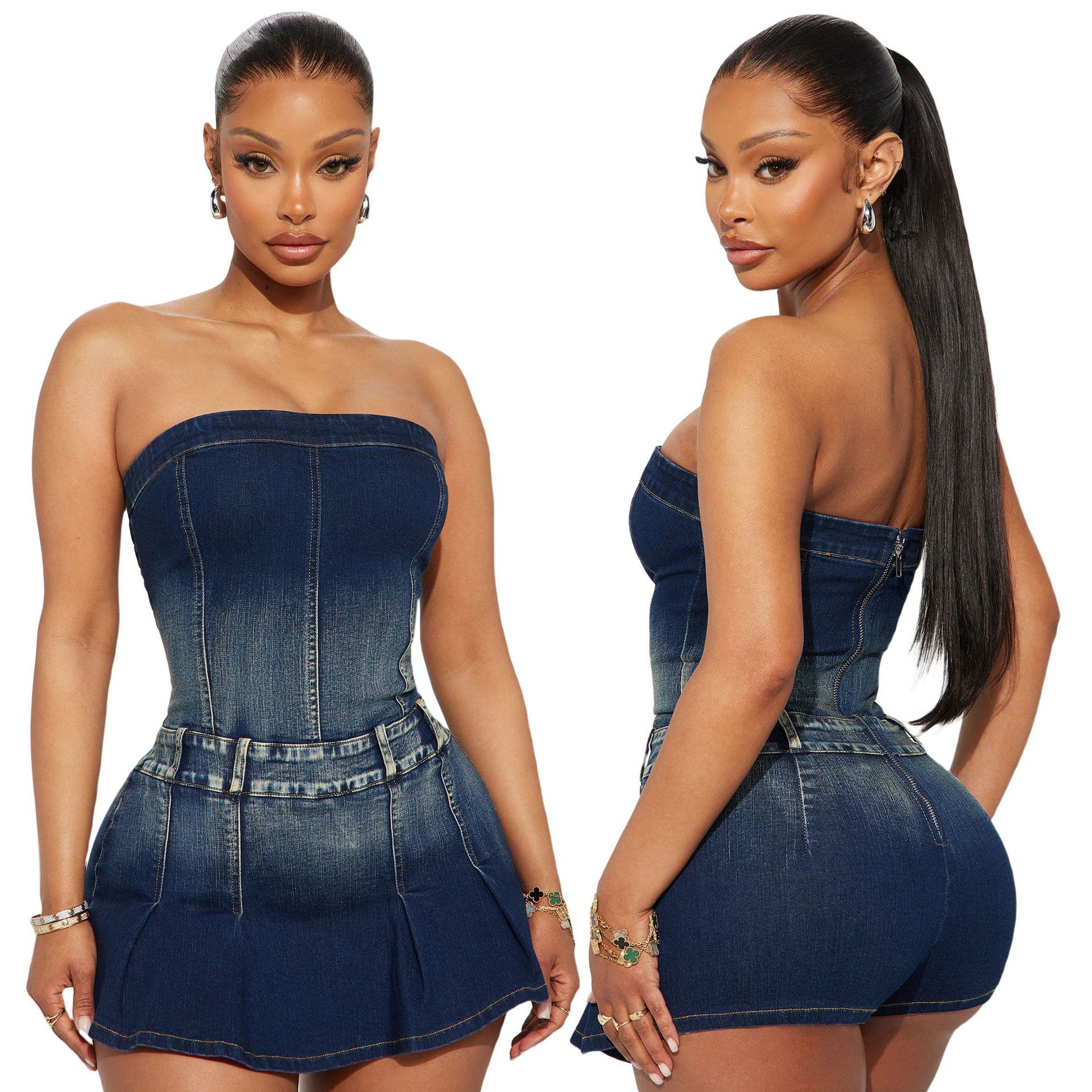 Tight Waist Slim High Elastic Washed Denim Tube Top One-shoulder Jumpsuit