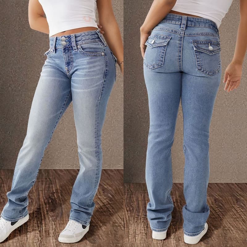 Women's Clothing Spring Double Button Mid Waist Straight Jeans Slim Temperament Trousers