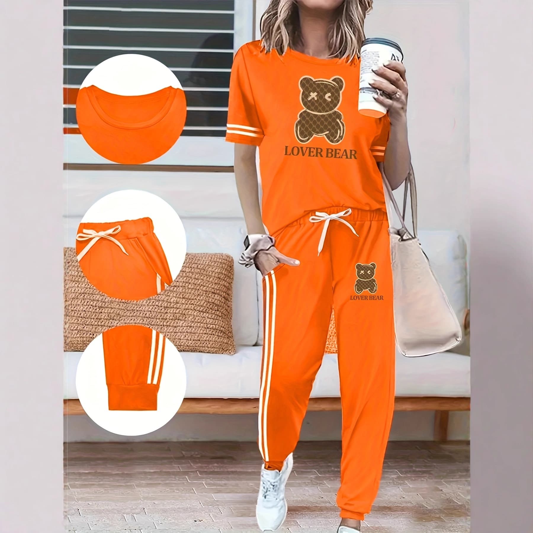 Women's Spring Summer Two Piece Set round Neck Short Sleeve High Waist Pants Side Pocket Casual Comfortable Fit