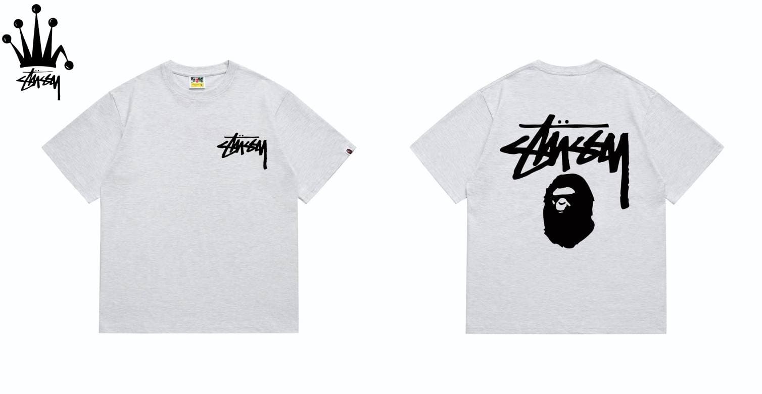 Stussy&Ape Co Branded Logo Letter Ape Pattern Printed Casual Loose Cotton Short Sleeved T-shirt For Men And Women