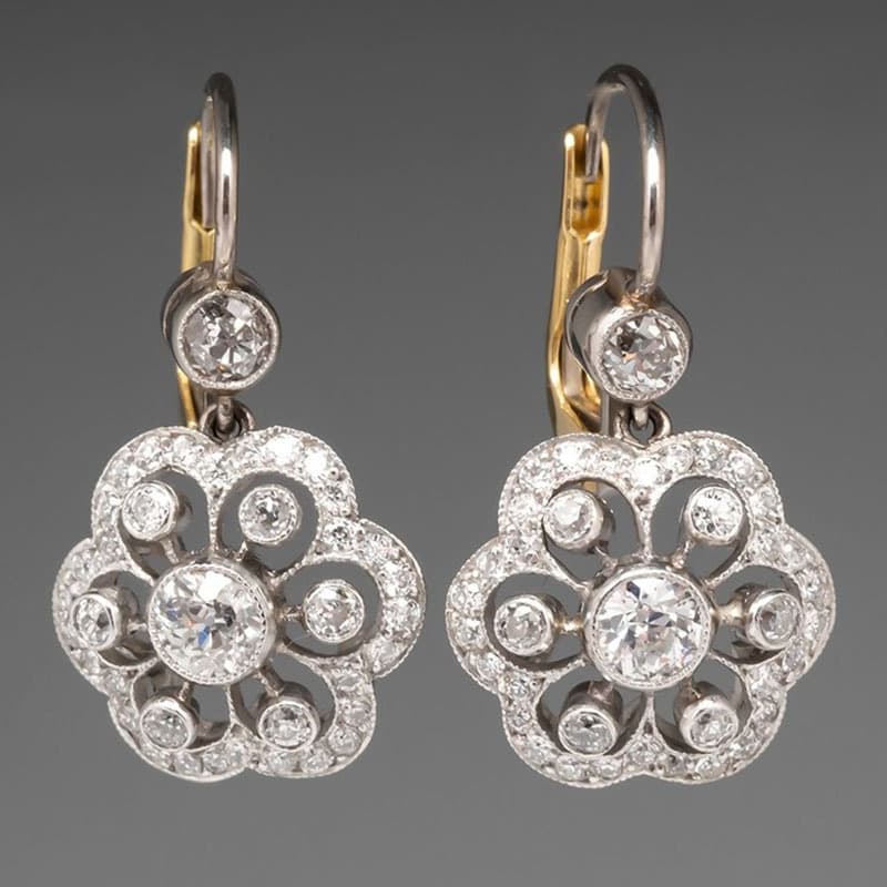 Exquisite Gorgeous Diamond-Encrusted Floral Fashion Two-Tone Hollow Flower Drop Earrings For Women